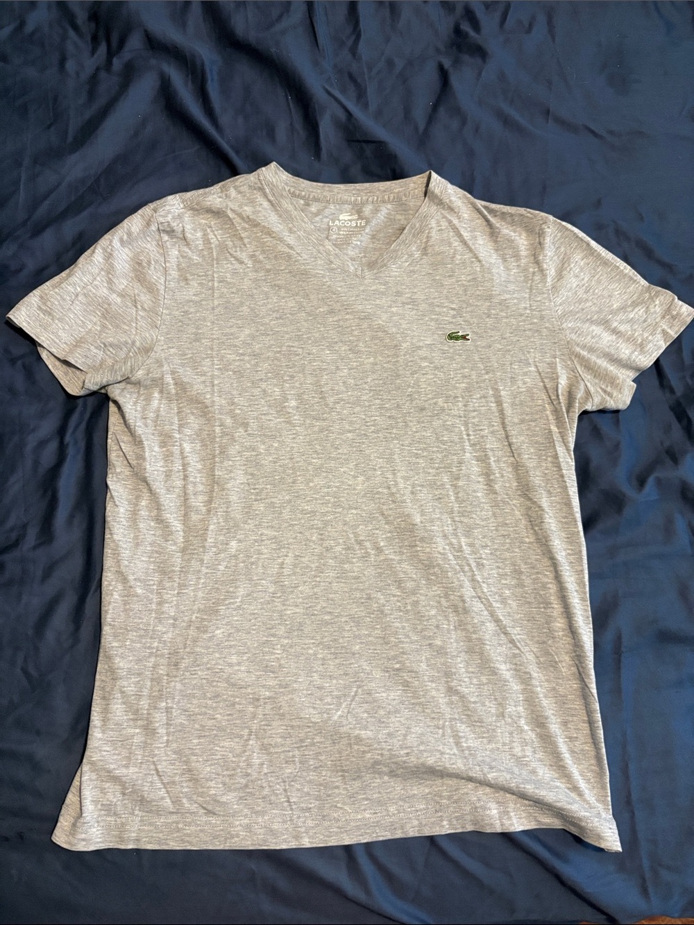 Lacoste Men's Light Heather Gray V Neck Tee with Green Crocodile Logo Size 4